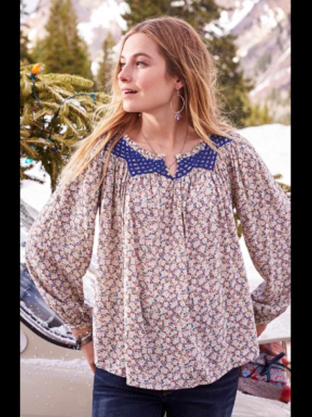 MED Sundance Smocked & Crochet Floral Printed Peasant Blouse NWT